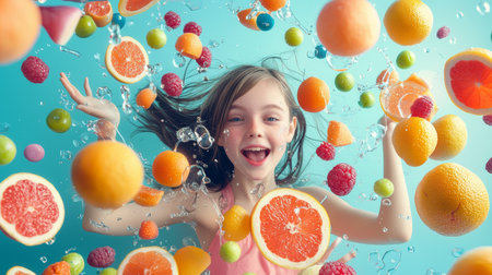 A dynamic and cheerful composition featuring a smiling child surrounded by splashing water and colorful fruits on a vibrant blue background.の素材