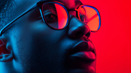 Close-up portrait of a man wearing glasses, illuminated by dramatic neon lighting in vibrant red and blue tones.の素材