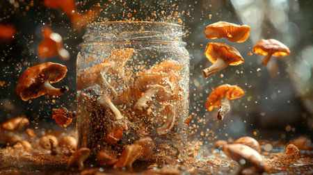 Creative close-up of mushrooms inside and around a glass jar with dynamic floating particles, illuminated by soft golden light for a magical effect.の素材