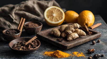 Close-up of fresh ginger, cinnamon, turmeric, and spices on a rustic wooden board, surrounded by lemons and earthy textures, evoking warm and natural tones.の素材