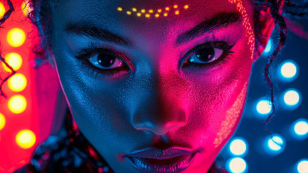 Artistic close-up portrait of a face illuminated with vibrant neon pink and blue lights, showcasing a futuristic and dramatic aesthetic.の素材