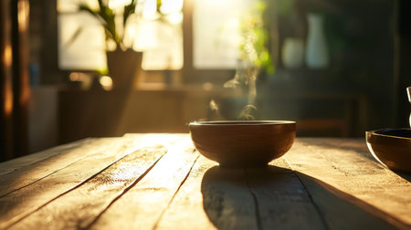 A steaming bowl placed on a rustic wooden table, bathed in golden sunlight filtering through a cozy interior, creating a serene and homely atmosphere.の素材