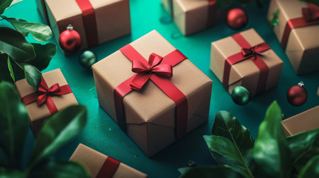 A festive scene of gift boxes tied with red bows, surrounded by Christmas ornaments and green leaves, creating a warm holiday atmosphere.の素材