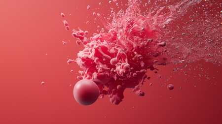 A dynamic image featuring a vibrant pink splash and abstract sphere against a matching pink background, creating a modern and energetic visual.の素材