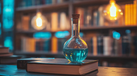 A clear glass bottle filled with blue liquid, resting on an old book with warm lighting in a library setting, creating a serene and intellectual mood.の素材