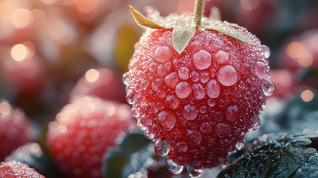 A close-up view of a fresh red berry covered with sparkling dew drops, illuminated by natural light, creating a vibrant and refreshing image.の素材