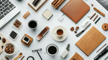 A minimalist flat lay featuring coffee cups, notebooks, and wooden accessories on a clean white surface, showcasing a stylish and organized workspace.の素材