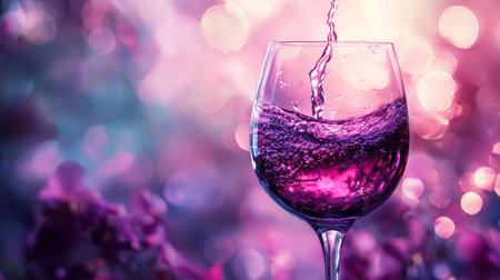 A vibrant image of red wine being poured into a glass, set against a dreamy background with colorful bokeh lights, creating a luxurious and festive feel.の素材
