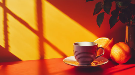 A cozy morning coffee scene with a cup, fresh oranges, and vibrant shadows cast by warm sunlight, creating a cheerful and inviting atmosphere.の素材