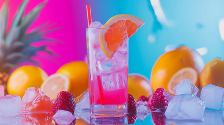 A vibrant tropical drink in a tall glass with ice cubes, a slice of orange, and strawberries, surrounded by bright fruits and set against a colorful pink and blue background.の素材