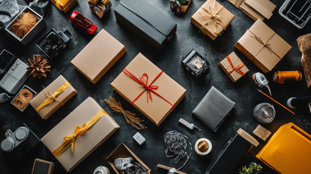 A flat lay composition of beautifully wrapped gifts with ribbons and various packaging supplies, arranged on a dark textured surface, showcasing creativity and organization.の素材
