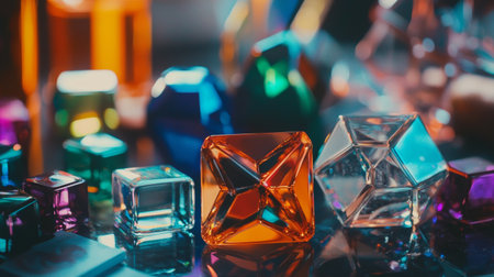 Abstract collection of transparent and colorful geometric glass shapes, illuminated under vibrant lighting, creating bold reflections on a dark surface.の素材