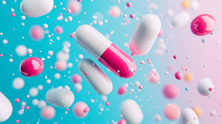 Abstract image of floating pink and white capsules surrounded by small particles, set against a vibrant pastel blue and pink gradient background.の素材