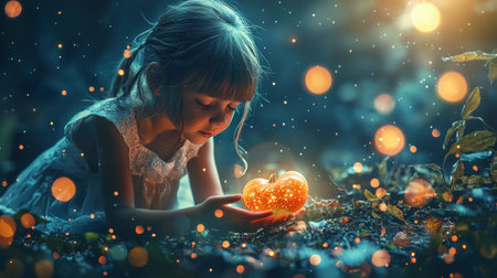 A whimsical moment featuring a young girl holding a glowing pumpkin surrounded by magical lights and a dreamy forest atmosphere under a night sky.の素材