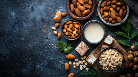 Flat lay of various nuts, seeds, and almond milk arranged in bowls on a rustic dark surface, highlighting natural and healthy ingredients.の素材