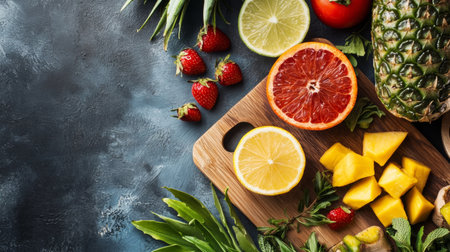 Colorful assortment of fresh fruits, citrus slices, and pineapple on a wooden cutting board with a dark textured background for a tropical aesthetic.の素材