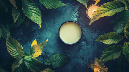 A natural skincare balm surrounded by vibrant green leaves and soft candlelight, creating a serene and luxurious wellness-inspired composition.の素材