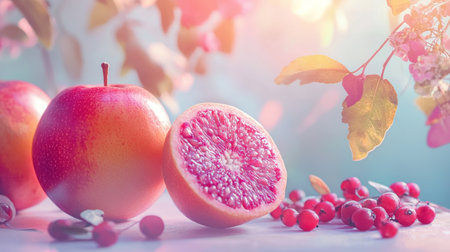 A fresh and vibrant arrangement of a red apple, halved grapefruit, and scattered red berries, set against a soft pastel background with natural light.の素材