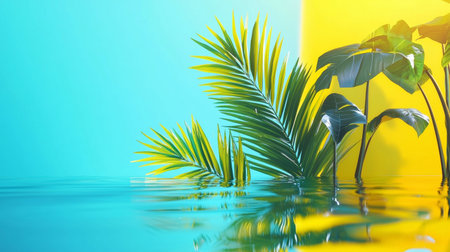 A composition of tropical green leaves reflected on a serene water surface, set against a vibrant yellow and turquoise background for a fresh and exotic aesthetic.の素材