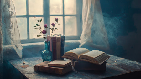 A cozy scene of vintage books, a blue vase with flowers, and soft light streaming through a rustic window with lace curtains. Perfect for vintage or literature themes.の素材
