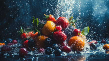 A dynamic splash scene of fresh strawberries, oranges, and blueberries with water droplets. Perfect for food, freshness, and beverage themes.の素材