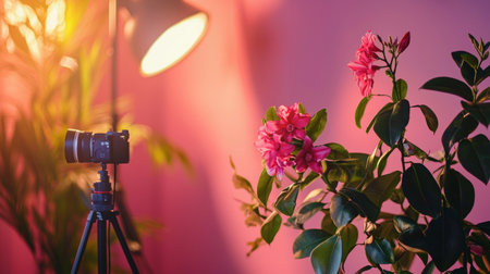 A stylish photography setup featuring a camera on a tripod and pink flowers in warm lighting, creating a cozy and creative atmosphere.の素材