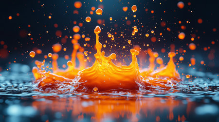 A dynamic and vibrant image of an orange liquid splash with glowing droplets against a dark background, capturing energy and motion.の素材