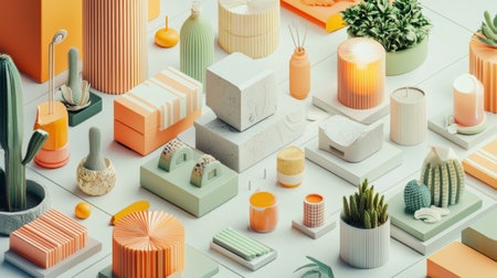 A modern decorative setup featuring geometric items in pastel colors and lush greenery, styled in a minimalistic and artistic way.の素材