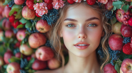 A rustic portrait of a woman surrounded by apples and berries, showcasing natural textures and vibrant colors in a creative, artistic composition.の素材