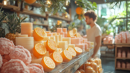 A market display featuring organic produce including freshly sliced oranges, melons, and other fruits, arranged beautifully.の素材