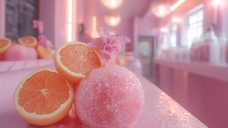 A delicate pink-themed dessert table featuring citrus slices and artistic decor, creating a soft and refreshing visual appeal.の素材