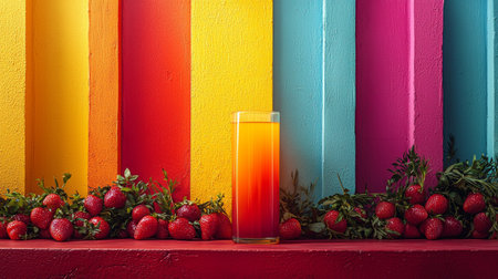 A lively arrangement of colorful juice bottles surrounded by fresh berries and citrus fruits, set on a vibrant, multi-colored table.の素材