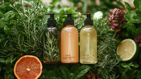 Two natural skincare bottles placed among fresh herbs, citrus slices, and vibrant greenery, creating a refreshing and organic vibe.の素材