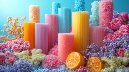 A whimsical arrangement of pastel-colored candles surrounded by vibrant flowers and citrus fruits, creating a fresh and lively decor piece.の素材