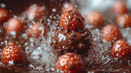 A dynamic close-up of juicy strawberries with water splashes, creating a fresh and vibrant scene full of energy and natural beauty.の素材