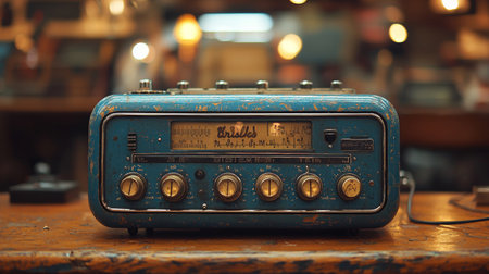 A retro-style blue radio placed on a rustic wooden shelf, blending nostalgic charm with vintage aesthetics in a warm ambient setting.の素材