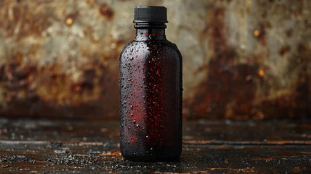 A dramatic close-up of a dark glass bottle covered with water droplets, set against a rusty metal surface for a textured, industrial look.の素材