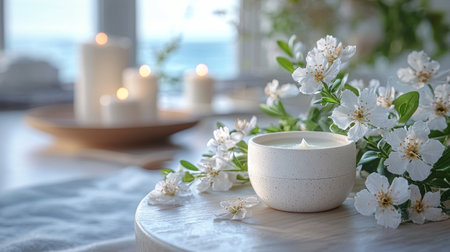 A serene composition of white candles and spring blossoms on a textured surface, creating a tranquil and inviting atmosphere.の素材
