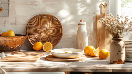A cozy breakfast setup featuring rustic wooden plates, fresh oranges, a glass bottle of milk, and soft natural lighting on a textured stone table.の素材