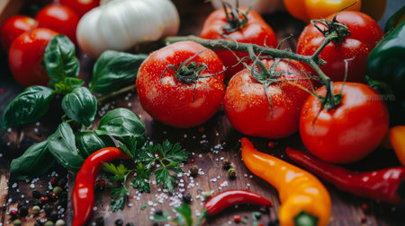 A vibrant and fresh composition showcasing tomatoes, peppers, and fresh herbs arranged on a rustic dark background, perfect for food styling and culinary inspiration.の素材