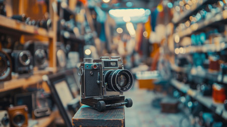 A close-up of a vintage camera showcased in a photography shop with warm lighting, evoking nostalgia and celebrating classic photographic equipment.の素材