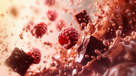 Vibrant image of chocolate cubes and fresh raspberries captured mid-motion in a dynamic splash, highlighting texture and energy.の素材