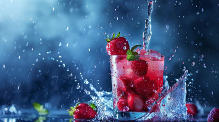 Dynamic image of a red fruit drink splashing with ice cubes and berries mid-motion against a vibrant blue background, evoking freshness and energy.の素材