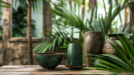 A cozy outdoor setting featuring rustic ceramic pots, lush green plants, and a wooden surface creating a natural and earthy atmosphere.の素材