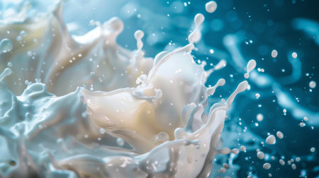 A high-speed capture of milk splashing mid-motion, with detailed droplets and waves frozen in time, creating a dynamic and fluid visual effect.の素材