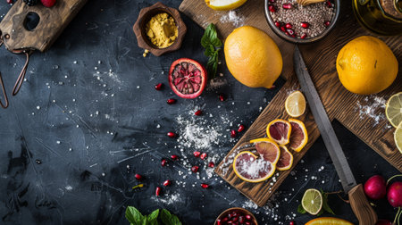 A flat lay arrangement of fresh citrus fruits, spices, and ingredients on a dark textured background, creating a vibrant and organic visual.の素材