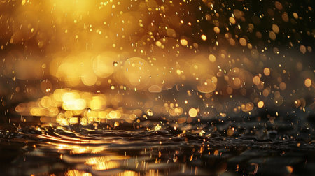 A close-up of water droplets splashing and sparkling in golden sunlight, creating a magical and reflective atmosphere.の素材