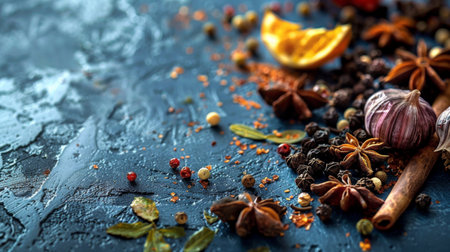 A creative culinary arrangement featuring various spices, garlic cloves, and cinnamon sticks on a textured dark background.の素材