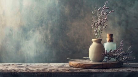 A calming still life arrangement featuring a ceramic jug, dried flowers, and a rustic wooden table set against a soft backdrop.の素材