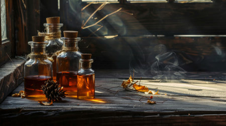 A cozy, rustic scene featuring bottles of herbal oils and extracts, set on a wooden surface with warm, soft lighting.の素材